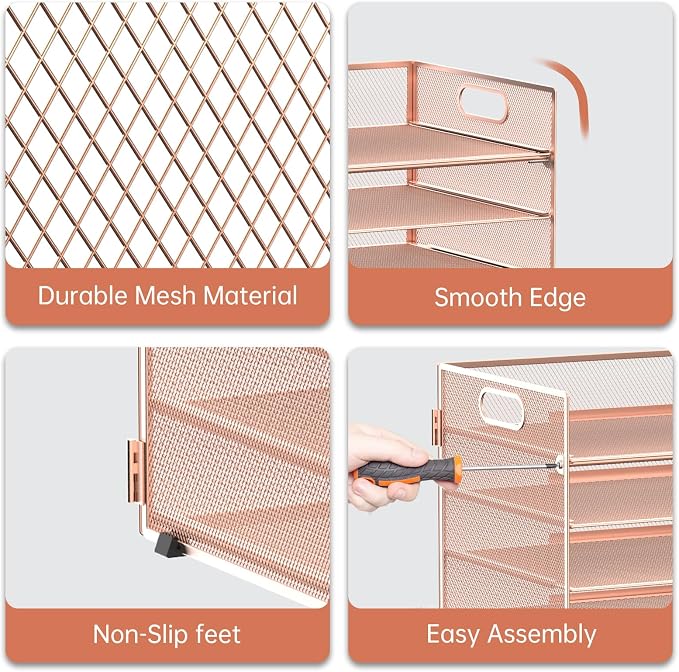 7 Tier Paper Organizer - Mesh Desktop File Holder with Handles for Office School Desk (Rose Gold)