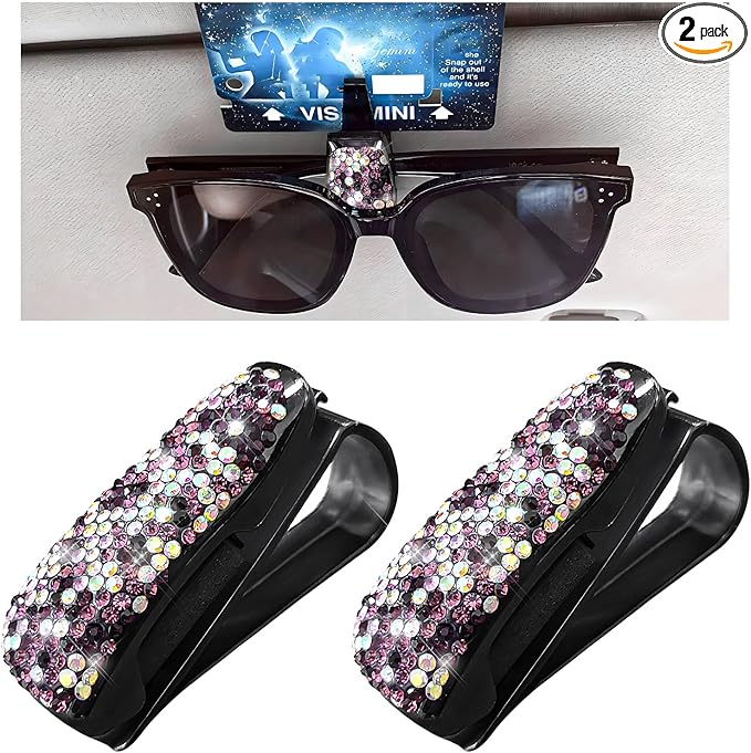 Dickno 2 PCS Bling Sunglasses Holder for Car Sun Visor, Crystal Rhinestones Eyeglasses Hanger Mount with Ticket Card Clip, Universal Vehicle Visor Decor Accessories for Women (Purple & Multicolour)