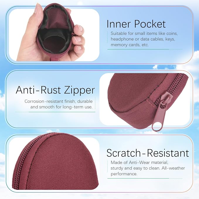 Keychain Pouch Coin Pouch Compact EDC Pouches Data Cable Organizer Earphone Earbuds Storage Zipper Case Bag with Clip on Hook for Mini Gear Bag, Change Wallet (Burgundy)