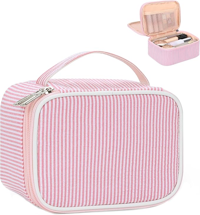Relavel Travel Makeup Bag, Small Pink Cosmetic Bag with 2 Makeup Brush Holders, Portable Makeup Pouch for Women, Cute Toiletry Bag with Double Layer Organizer, Strip