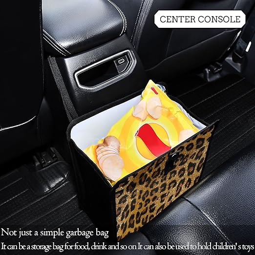 Brown Leopard Cheetah Print Car Trash Can Foldable Hanging Car Trash Bag Bin Golden Glitter Animal Skin Auto Garbage Can Leak-Proof Car Organizer(Large)