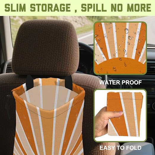 Car Trash Bag Retro Boho Sunburst Leak-Proof Waterproof Car Garbage Bag with Drawstring Foldable Canvas Trash Bin with Adjustable Buckle for Car Accessories