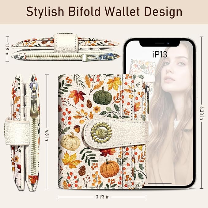 Kelvoris Pumpkin Fall Leaves Mushroom Halloween Small Rfid Women Travel Wallet Bifold Zipper Coin Pocket PU Leather Compact Cash Credit Card Holder Female Ladies Teen Girls 1 ID Window 10 Card Slots