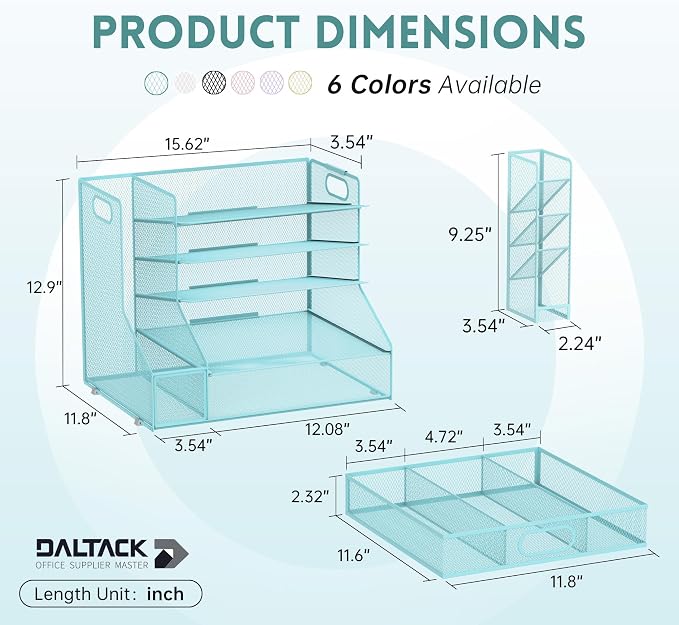 DALTACK Mesh Desk Organizer, 5-Tier Paper Letter Tray with File Holder & Pen Holder & Sliding Drawer, Desktop Organizer and Storage for Desk Accessories Office Supplies, Blue