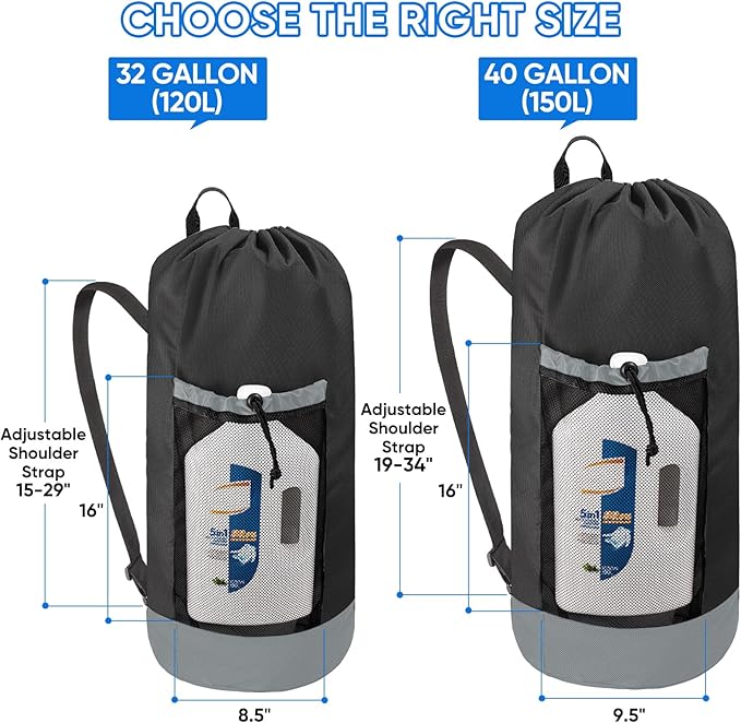 BALEINE 2PK 120L Laundry Bag Backpack, 900D Oxford Fabric Large Travel Laundry Bags with Shoulder Straps and 2 Mesh Pockets for College Dorm, Apartment, Laundromat (Black, 120L)