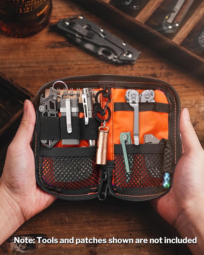 VIPERADE VE10 EDC Pouch Small Pocket Tool Pouch with 10 Compartments, Men's Pocket Organizer for Multitools, EDC Organizer with Patches Area for DIY (X-pac Green)