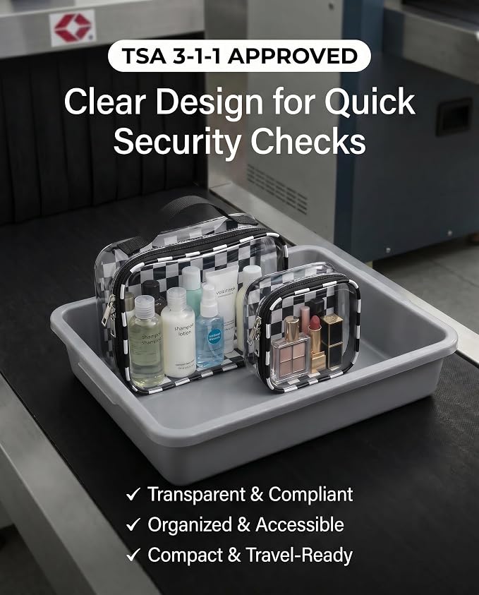 LETGO Checkered Diaper Bag Organizer Pouch Set,TSA Approved Toiletry Bag,Clear Waterproof TPU Makeup Bag Set Travel Organizer Bags for Women and Kids Toiletry Bag Set for Baby and Mom Essentials
