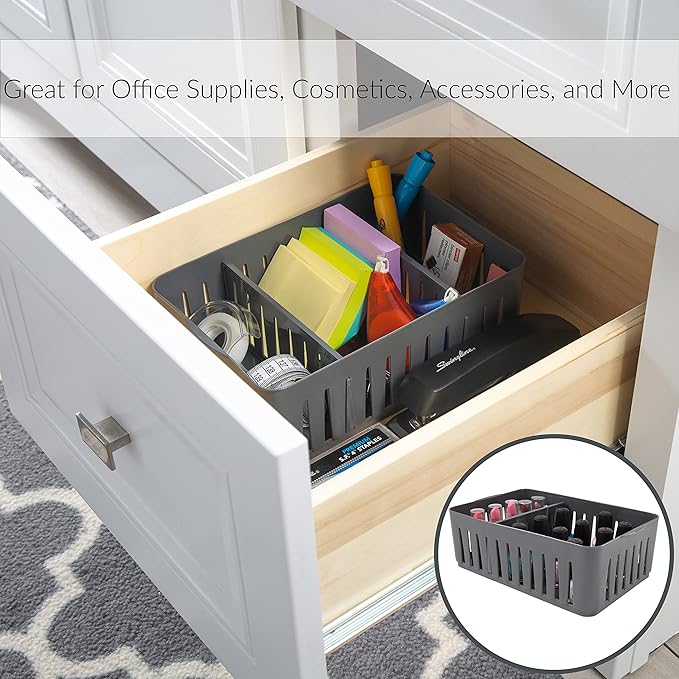 Simplify 4 Pack 3 Compartment Stackable Bin with Adjustable Dividers | Drawer Organizer | Storage Basket | Good for Office | Desk Supplies | Dorm | Bathroom | Accessories | Make Up | Grey