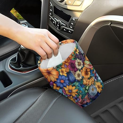 Hummingbird Flower Car Trash Can Leak Proof Waste Basket Container Bag Bin Hanging Cup Holder Organizer with Strap Mini Car Interior Accessories for Auto, Car, Camping, Travelling