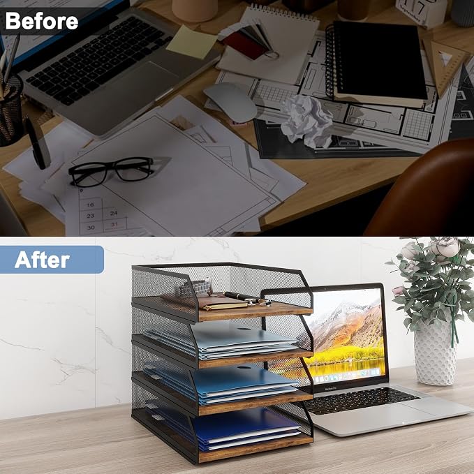 Natwind 4-Tier Stackable Metal Mesh Paper Organizer with Sliding Tray,Retro | Wooden Desk Organizer, Letter Tray For Desktop,File Holder For Home Office School Classroom Organization