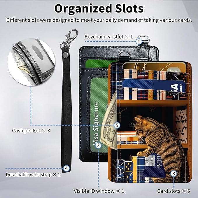 Slim Minimalist Front Pocket Wallet,Credit Card Holder Wallet for Women Men,RFID Blocking Credit Card Holder Case Leather Cute Small Thin Wallet ID Window&Wrist Strap,Bookshelf Cat