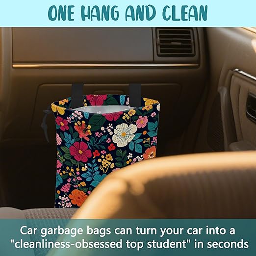 Car Garbage Bag Watercolor Floral and Leaves Drawstring Car Trash Bag Hanging for Back Seat with Adjustable Buckle Canvas Vehicle Trash Can Easy-to-Install