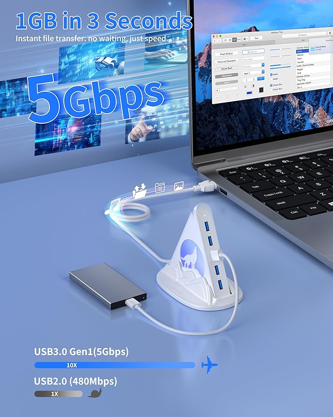 USB Hub 3.0, 7-Port USB Hub with RGB Night Light and Base, Vertical USB a Splitter for Desktop,Laptop, MacBook, Game Console, Flash Drive, XPS, PC, Printer, Camera, Keyboard（White+Base）