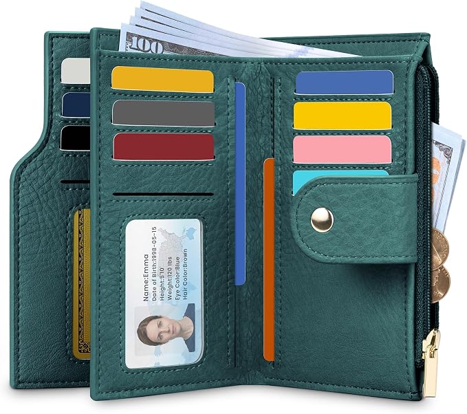 Airkit Small Women's Bifold Wallet, RFID Blocking Credit Card Holder with Zipper, Travel Cute Coin Pocket Wallet for Ladies, Teal