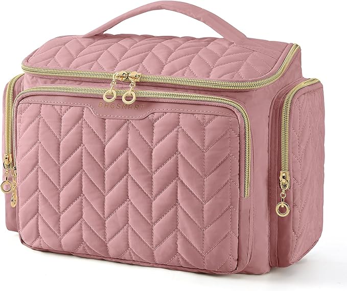 BAGSMART Travel Toiletry Bag, Large Wide-open Travel Bag for Toiletries, Makeup Cosmetic Travel Bag with Handle-Dark Pink