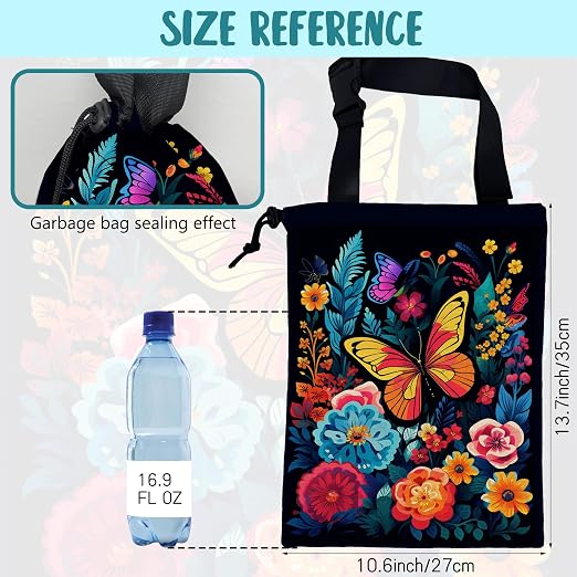 Car Garbage Bag Colorful Flowers and Butterflies Hanging Canvas Car Trash Bag Waterproof Drawstring Car Back Seat Organizer for Car Back Front Seat Console with Adjustable Buckle