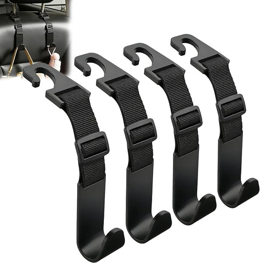 Amooca Adjustable Car Headrest Hooks, 4 Pack Universal Fit Vehicle Seat Back Organizer Hanger for Purse, Bags & Groceries, Black