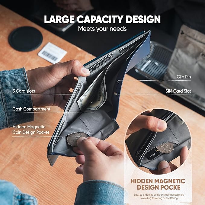 VULKIT Bilfold Passport Holder Leather RFID Blocking Passport Wallet with Hidden Pocket Slim Travel Documents Organizer for Men or Women (Passport, Card, Cash, Coin, SIM Card, Ticket)