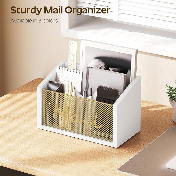 YATINEY Mail Organizer Countertop, Mail Holder with 3 Slots, Mail Sorter for Desk, Wooden Office Desk Organizer, Mail Organizer for Magazines, Files, Papers, Folders, White and Gold MR03DW