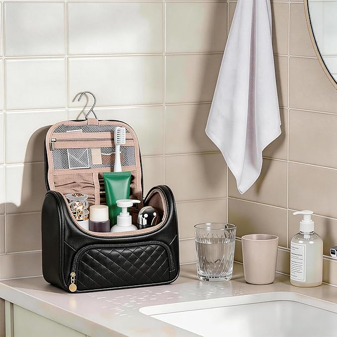 Greenfeather Cosmetic Bags for Women，Hanging Toiletry Bag with Makeup Brush Womens Travel Toiletry Bag for Women Essentials Travel Organizer for Full Sized Cosmetics and Toiletries Black