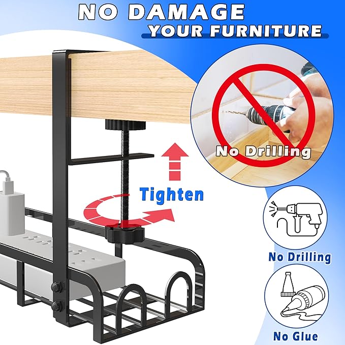 Sleclean Under Desk Cable Management Tray, Upgraded Long Arm Clamp, 16.6"x4.7" No Drill Steel Organizers, Cable Tray with Clamp for Wire Management, Home - No Damage to Desk