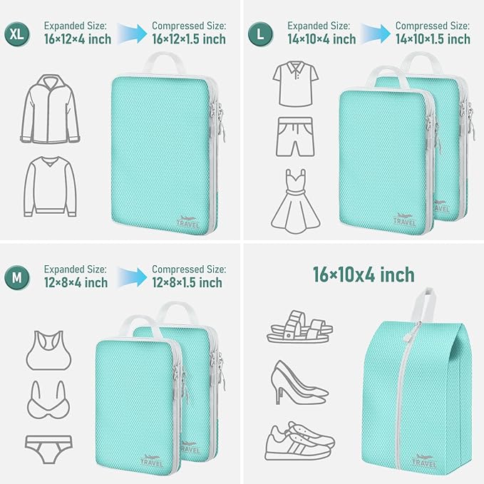 6 Set Compression Packing Cubes, Suitcase Organizer, Lightweight Travel Essentials, Compression Bags For Travel Accessories Luggage Storage Set (6Pcs, Blue)