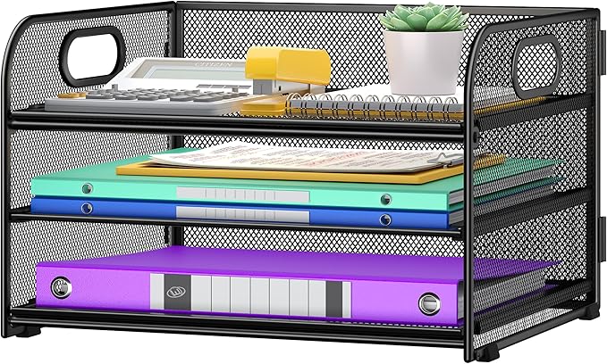 Cawukege 3 Tier Paper Organizer with Handle, Metal Desk Organizer Mesh Paper Letter Tray Desktop File Folder Document Sorter for Classroom, School, Office Accessories Storage (1, Black)