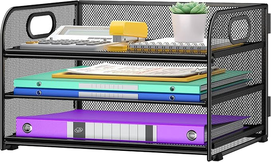 Cawukege 3 Tier Paper Organizer with Handle, Metal Desk Organizer Mesh Paper Letter Tray Desktop File Folder Document Sorter for Classroom, School, Office Accessories Storage (1, Black)