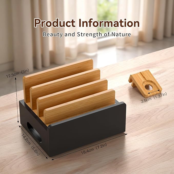 Pezin & Hulin Bamboo Charging Station for Multiple Devices with 5 Port USB Charger,5Cables,Smart Watch&Earbuds Stand, Desk Docking Stations Electronic Organizer for Cell Phone,Tablet (Natural + Black)