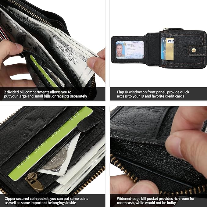 Zipper Wallet Men RFID Blocking Leather Bifold Wallets For Men - Flap ID Window Zip Coin Pocket Mens Zipper Wallets - Big Capacity Credit Card Travel Wallet (Black)