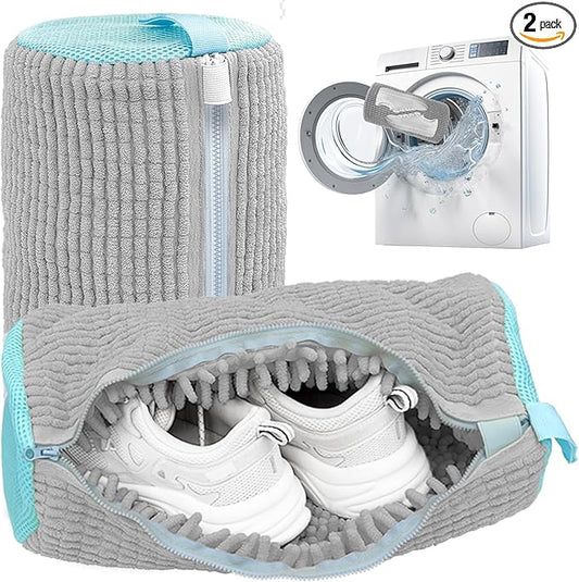 Shoe Washing Machine Bag,Laundry Shoe Bag for Washer and Dryer,Reusable Shoe Cleaning Bag for Sneakers,Tennis Shoes,With Self-locking Zipper, Microfiber Inside (Lite Grey - 2 Pack)