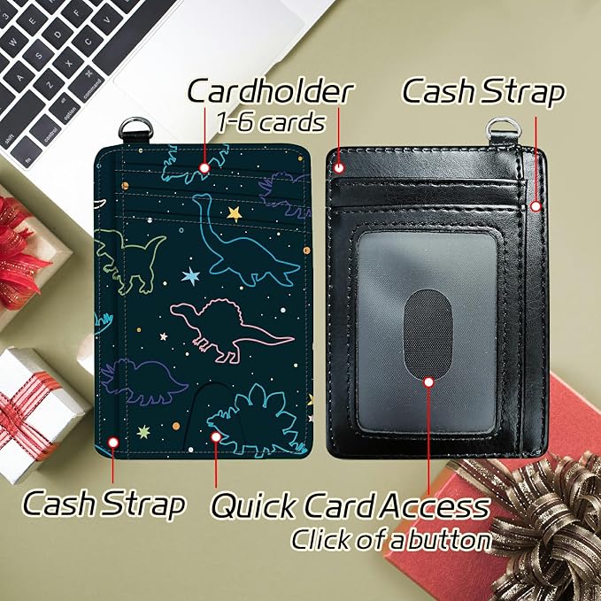 Small Travel Wallets, Fun Dinosaurs Slim Minimalist Front Pocket Wallet with Wristlet, RFID Blocking PU Leather Credit Card Holder with ID Window Change Purse for Men Women