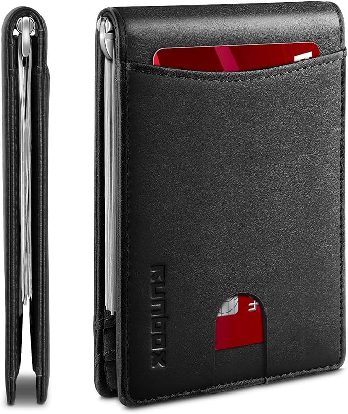 RUNBOX Slim Wallet for Men Genuine Leather RFID Blocking Bifold Minimalist Front Pocket Mens Wallet with Money Clip Thin Gift Box