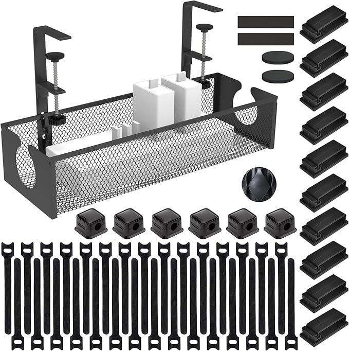 Under Desk Cable Management Tray, No Drill Steel Cord Organizer Kit with 52Pcs Different Essential Accessories for Home Office Standing Desk (13.4inch, Black)