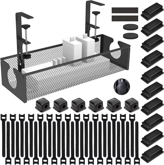 Under Desk Cable Management Tray, No Drill Steel Cord Organizer Kit with 52Pcs Different Essential Accessories for Home Office Standing Desk (13.4inch, Black)