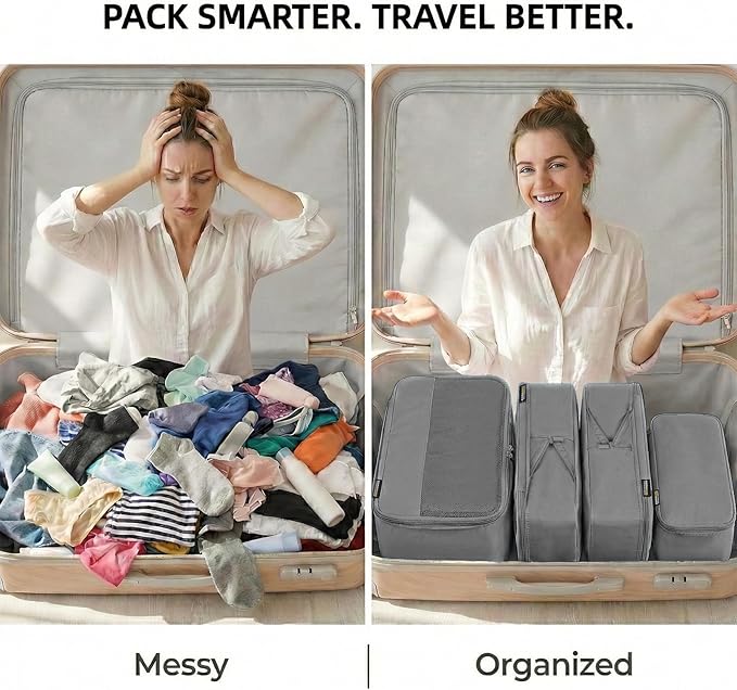 4 Piece Compression Packing Cubes for 3–7 Day Travel, Space Saving Travel Organizers with Breathable Mesh, Double-Zipper Packing Cubes for Carry-On & Suitcases (Silver)