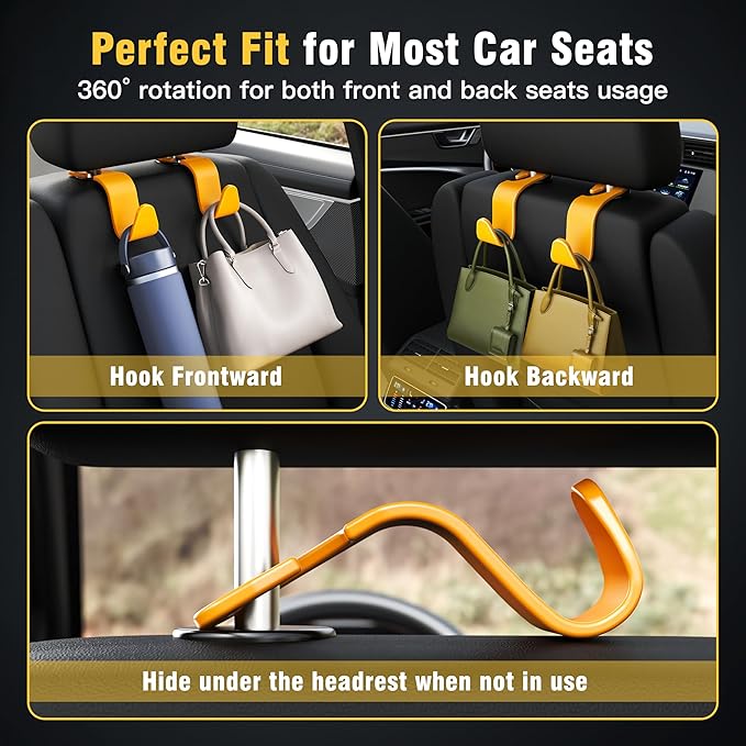 Amooca Car Seat Headrest Hook 4 Pack Hanger Universal Vehicle Car Storage Organizer for Handbag Purse Coat S Type Yellow
