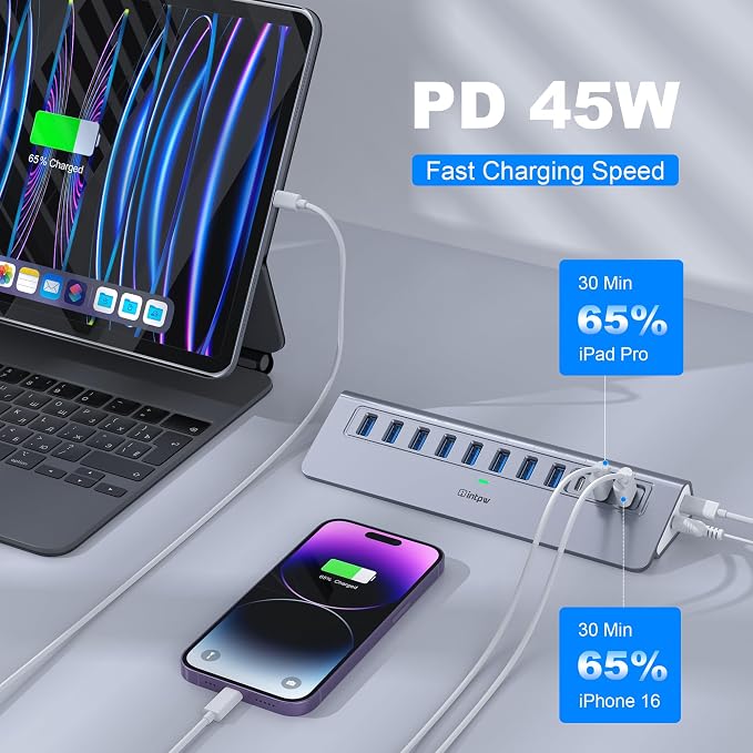 Powered USB Hub 10Gbps, Intpw YH9AC Plus 13 Port USB 3.2 Hub(USB A/USB C 3.2+6 USB-A 3.0+2 PD 45W Fast Charging Port+SD/TF Card Reader), 65W Power Adapter,Aluminum USB HUB for PC,Laptop,iPhone 17/16