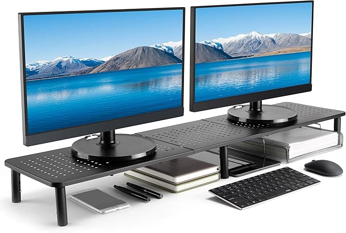 Husky Mounts Large Dual Monitor Stand Riser, Adjustable Legs, 39" x 9.25" x 5.5" Max Height, Matte Black Steel