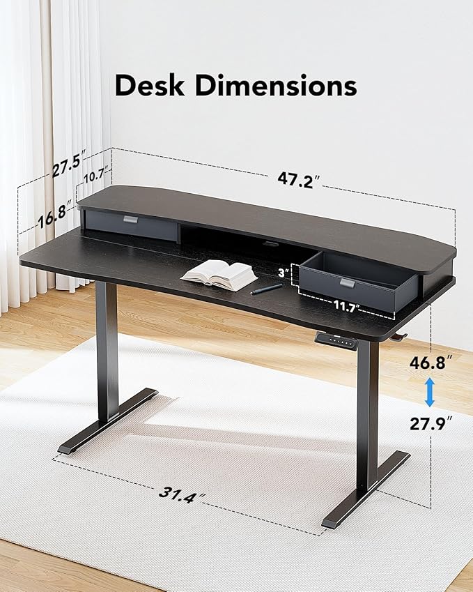 HUANUO 48″ x 28″ Electric Standing Desk with 2 Drawers, C-Clamp Mount Compatible, Height Adjustable Computer Desk, Home Office Stand Up Desk with 4 Preset Heights & 2 Hooks, Black