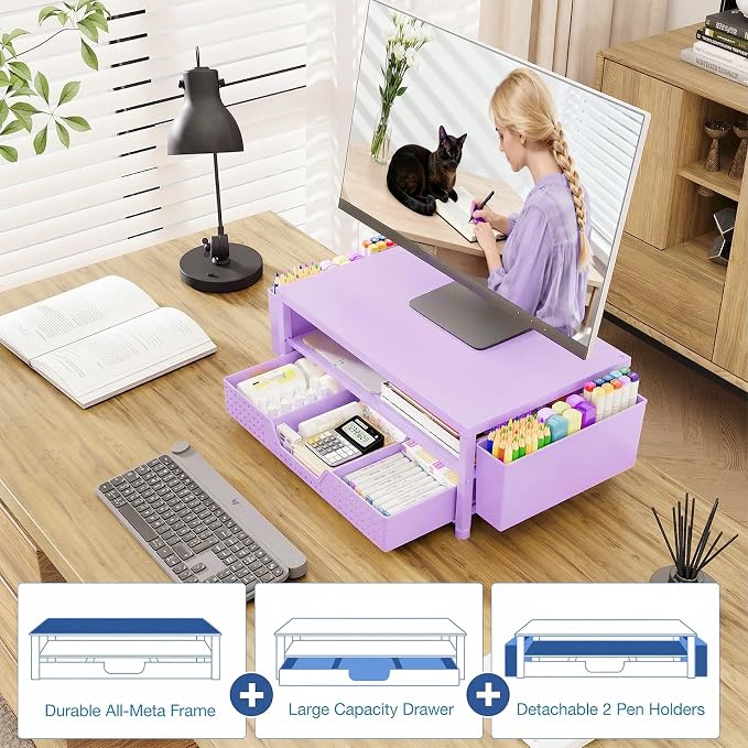 OPNICE Desk Organizers and Accessories, 2-Tier Computer Monitor Stand Riser with Drawer and 2 Pen Holders, Laptop Stand, Office Desk Accessories for Office Supplies, Purple