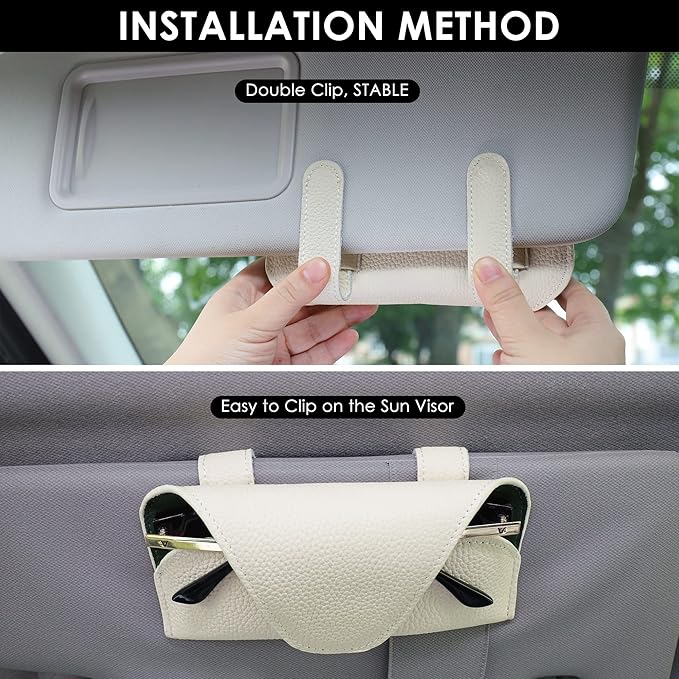 Magnetic Sunglass Holder for Car Visor Clip, Leather Car Glasses Holder, Visor Accessories Eyeglasses Holder Glasses Storage Case (02-Beige)
