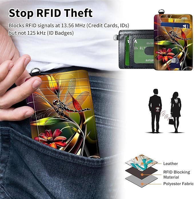 Slim Minimalist Front Pocket Wallet,Credit Card Holder Wallet for Women Men,RFID Blocking Credit Card Holder Case Leather Cute Small Thin Wallet ID Window&Wrist Strap,Dragonfly Plant