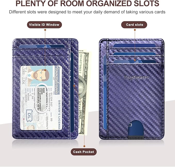 Front pocket thin wallet for Men Women RFID Blocking Credit Card Holder Card Cases Slim Minimalist wallet with Gift Box (1, Carbon Fiber Blue)
