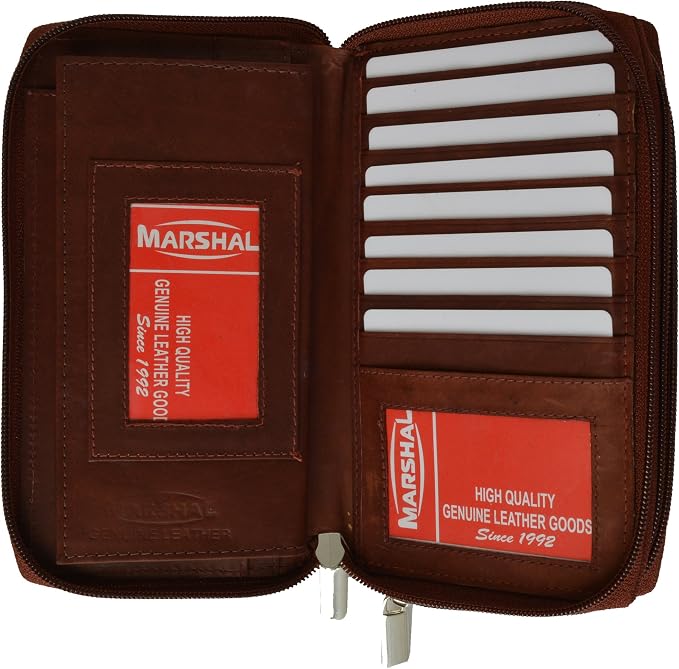 MARSHAL Genuine Leather Double Zipper Clutch Checkbook Wallet for Women #4575CF