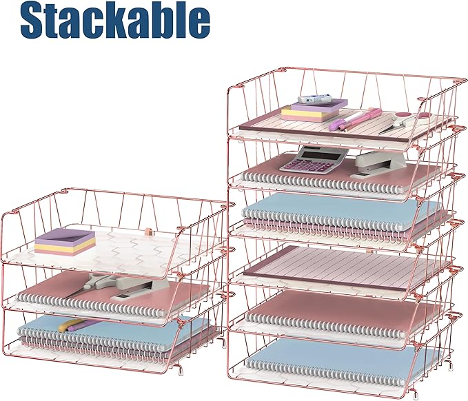 Simple Houseware Stackable Wide Entry Desk File Document Letter Tray with Liner, Wire Grid, 3 Packs, Rose Gold