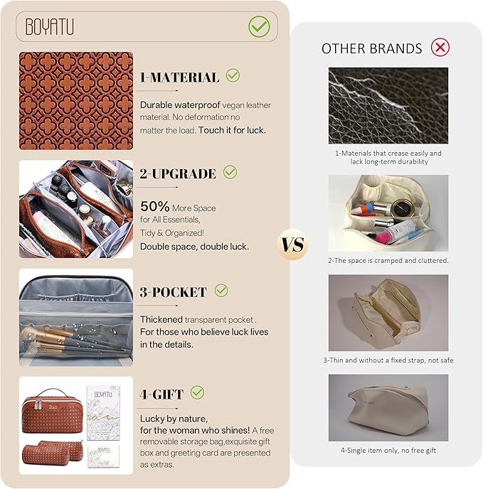 BOYATU Travel Makeup Bag for Women: Four Leaf Clover Large Capacity 3 Pcs Set Cosmetic Bags - Waterproof 50% Extra Space for Toiletry Organizer - Travel Essentials for Fortunate (10 Red Brown)