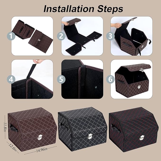 Trunk Organizer with Lid for Car Foldable Storage Box Heavy Duty PU Leather Cargo Organizer for SUV Sedan Waterproof (Brown, Small)