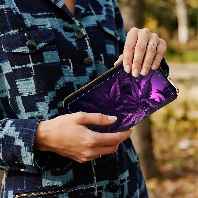 Women's RFID Blocking Zip Around Wallet with Detachable Wrist Strap, Large Capacity Credit Card Holder Organizer for Everyday Use,Weed Leaf