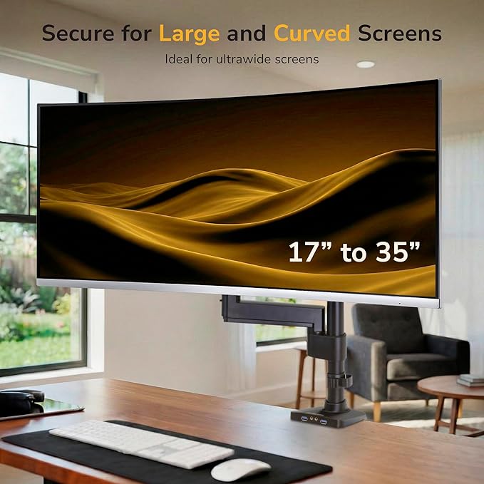 Mount-It! Ultrawide Monitor Arm, Heavy-Duty Gas Spring Desk Mount for 17??5??Curved Screens up to 33 lbs, Full Motion Height Adjustable Monitor Arm with USB 3.0 & Audio Ports, VESA 75/100/200